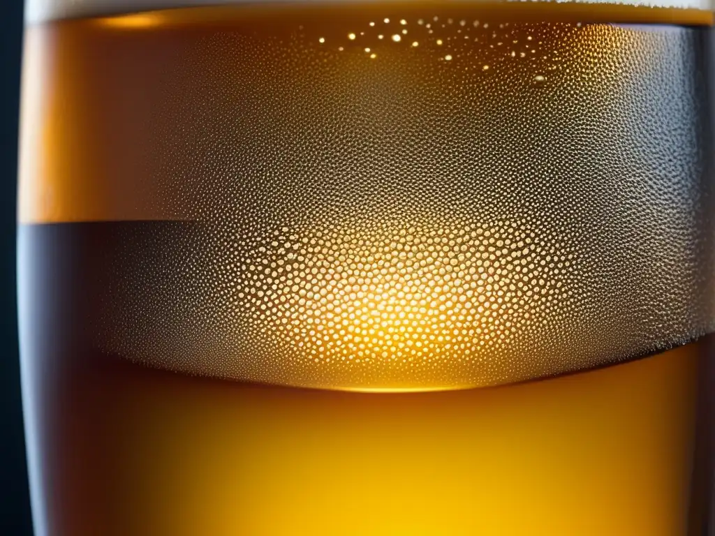 Detalle ultradetallado de una cerveza dorada con burbujas y espuma, reflejando frescura y claridad