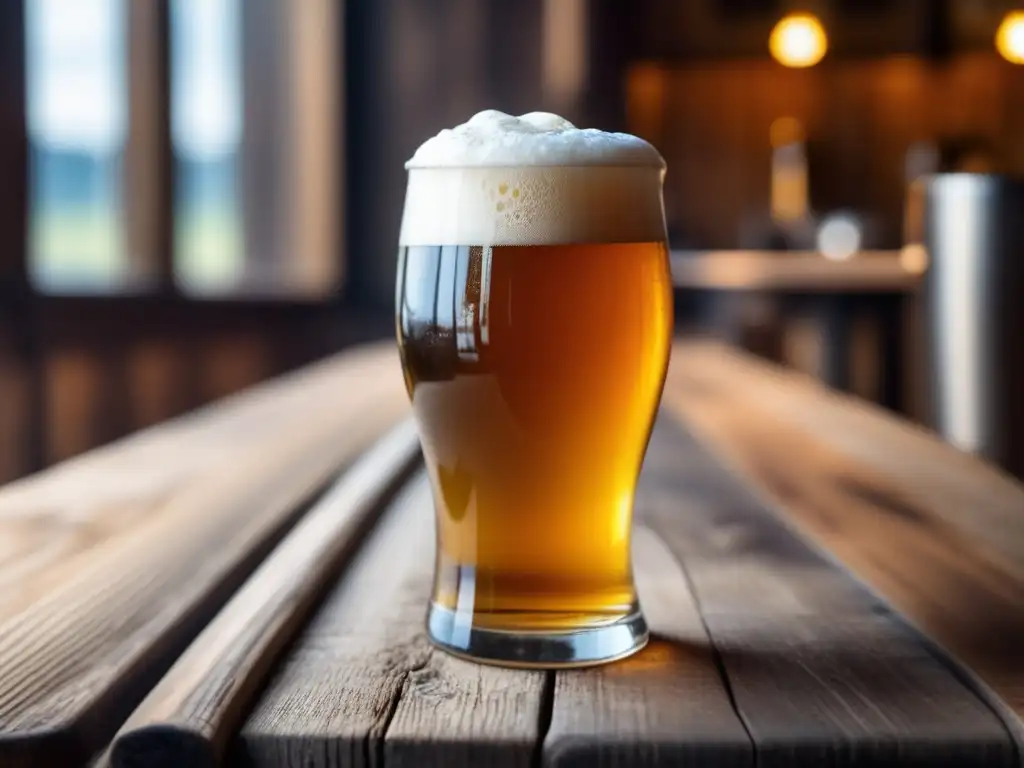 Cerveza dorada con espuma blanca, en vaso de madera sobre fondo de lúpulos