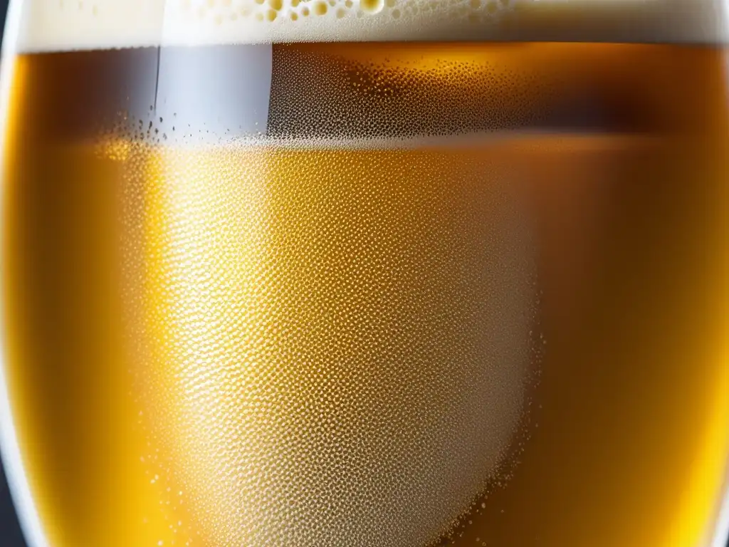 Vaso de cerveza dorada con espuma cremosa y burbujas, detalle ultradetallado