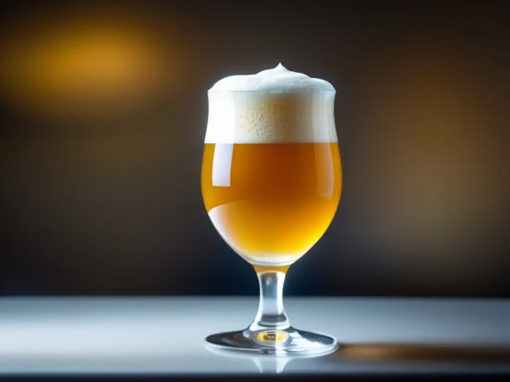 Cerveza belga dorada con espuma cremosa en copa elegante y sofisticada - Bares en Bruselas