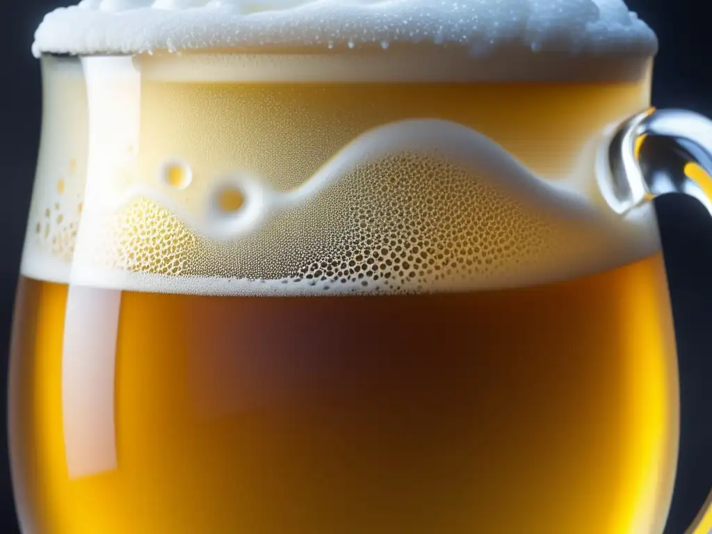 Imagen de una cerveza dorada y burbujeante en una jarra, con espuma cremosa y detalles fascinantes