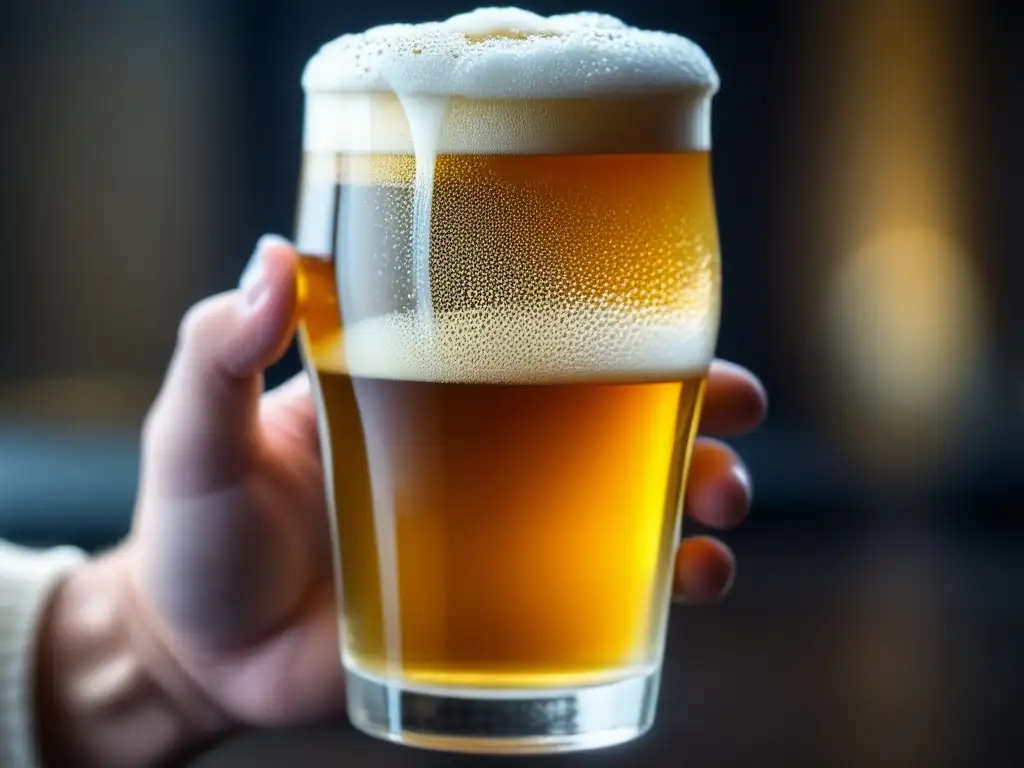 Cerveza dorada y efervescente en vaso de cristal, con espuma cremosa y burbujas danzantes