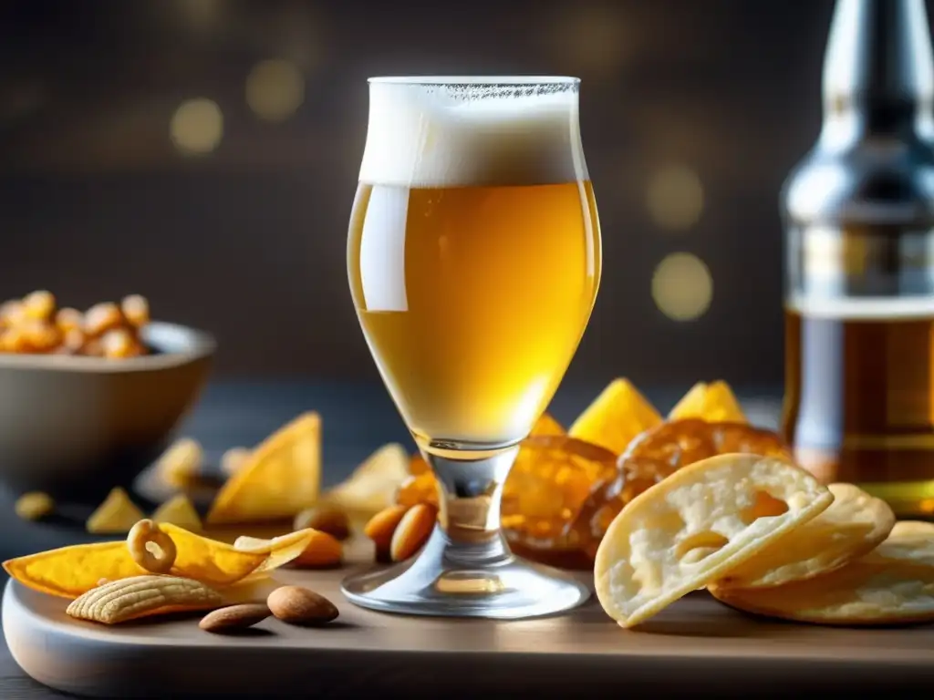 Imagen de cerveza Lager dorada y aperitivos salados