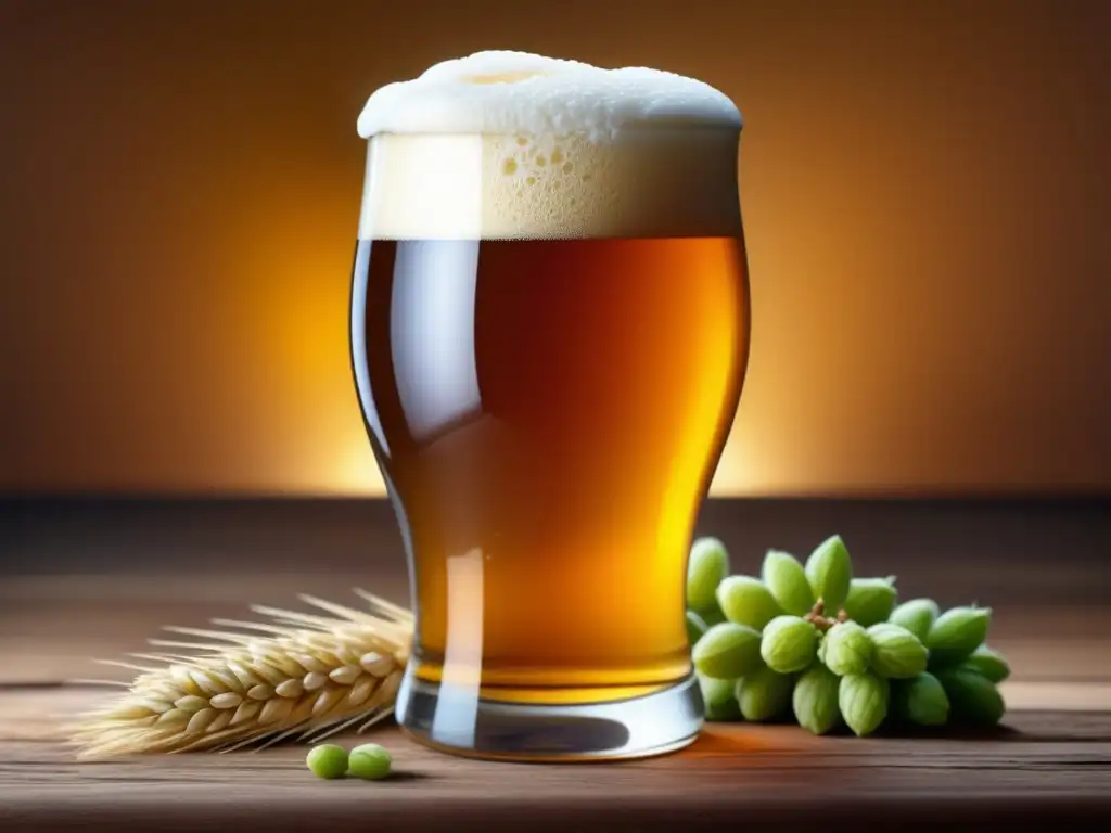 Detalle impresionante de una cerveza dorada y sus ingredientes Glosario cervecero: Detallada imagen de una cerveza ámbar en vaso de vidrio, con burbujas, espuma, y elementos de la cerveza
