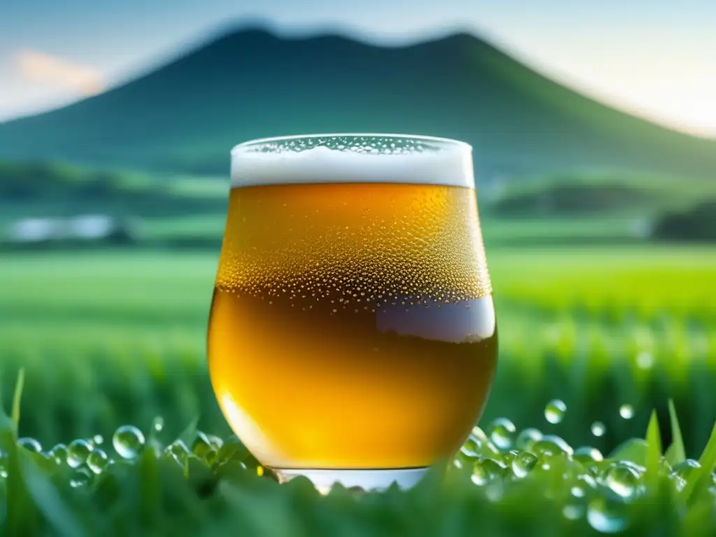 Cerveza Jeju dorada en vaso con burbujas y cebada verde en fondo