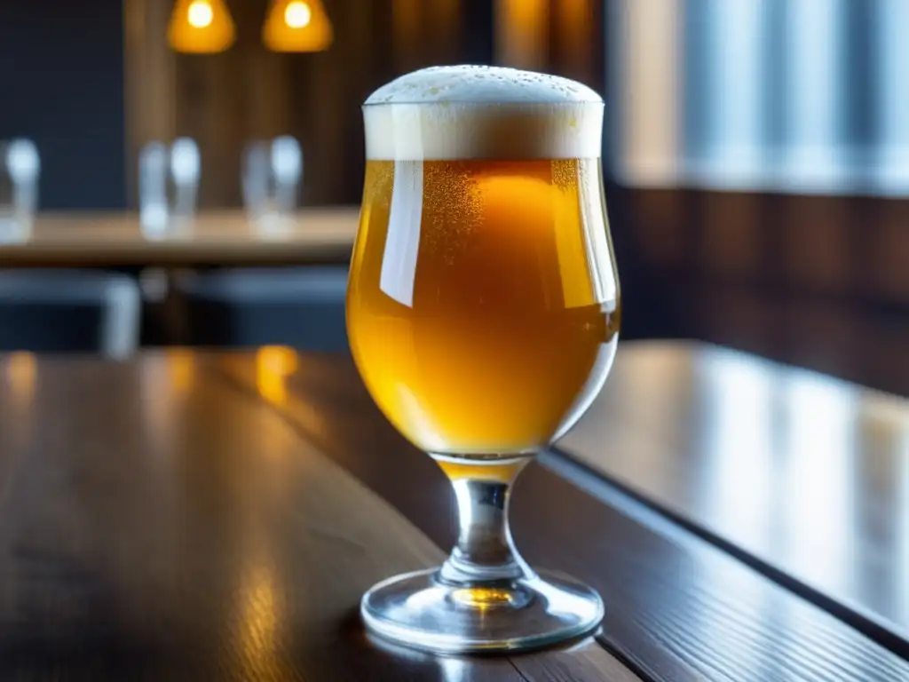 Vertido perfecto de cerveza en vaso de cristal claro, efervescente, sobre mesa de madera