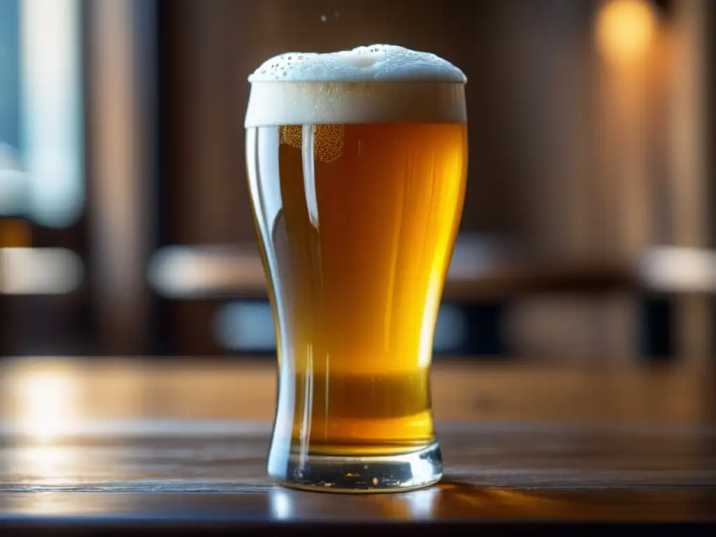 Cerveza dorada con espuma blanca en un vaso en una mesa de madera