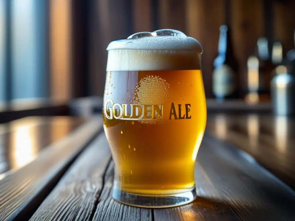 Cerveza Golden Ale en mesa rústica, con burbujas y condensación