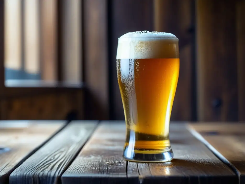 Cerveza dorada en vaso con burbujas y espuma cremosa en una mesa de madera rústica