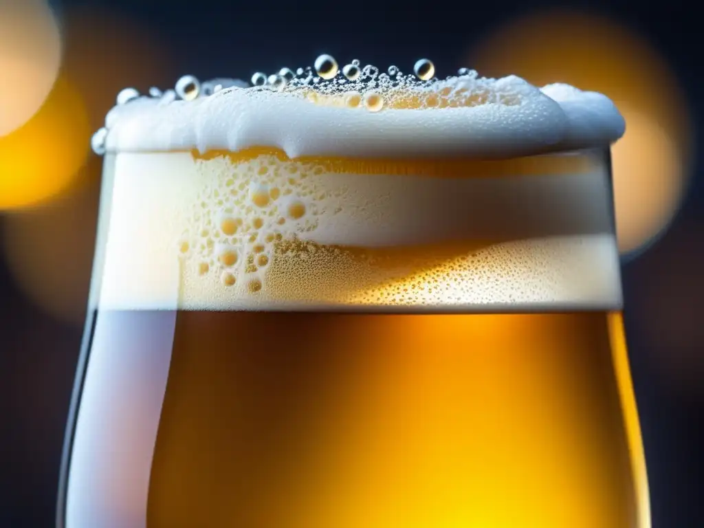 Cerveza dorada con espuma cremosa y burbujas efervescentes en vaso sobre superficie de madera rústica - Ciencia y Sabor