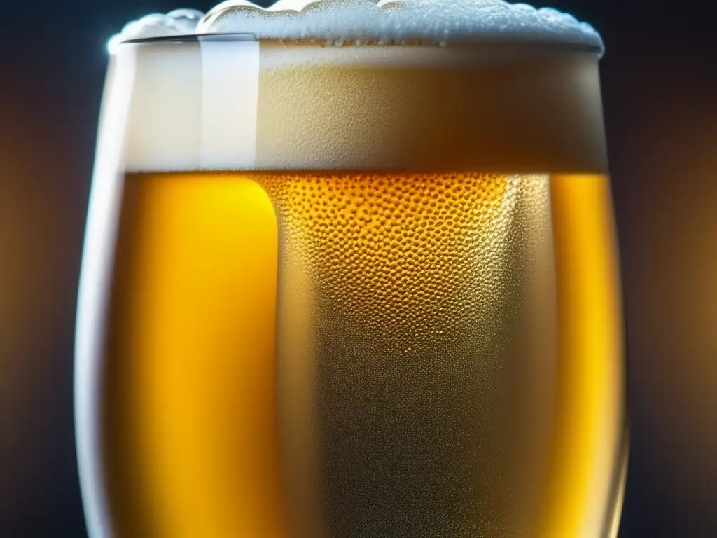 Cerveza dorada efervescente en vaso Glosario cervecero: Cerveza dorada efervescente en vaso, burbujas en ascenso, detalles auténticos, estética cautivadora