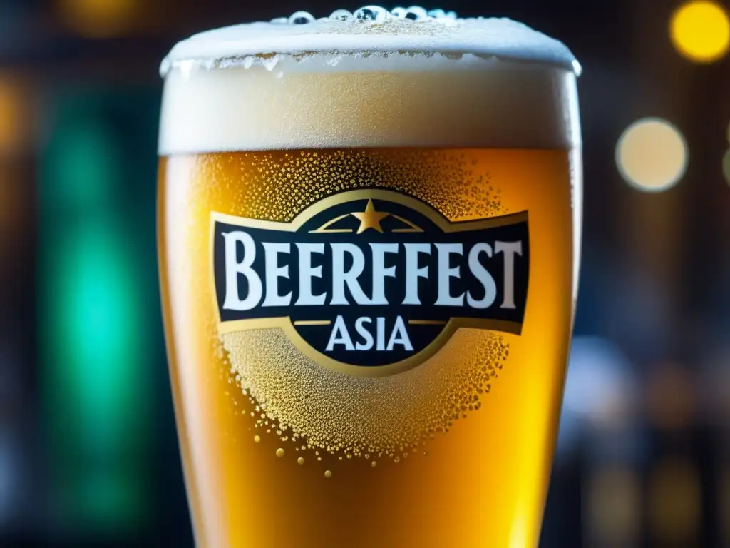 Una pinta helada de cerveza dorada, con condensación en el vidrio y reflejando los colores vibrantes del logo de Beerfest Asia