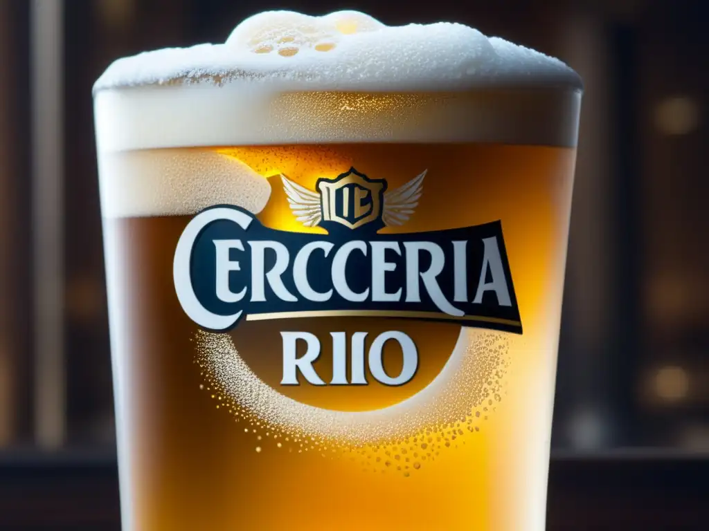 Cerveza dorada con logo de Cervecería Río Claro, burbujas brillantes y condensación en vaso - Rutas Cerveceras