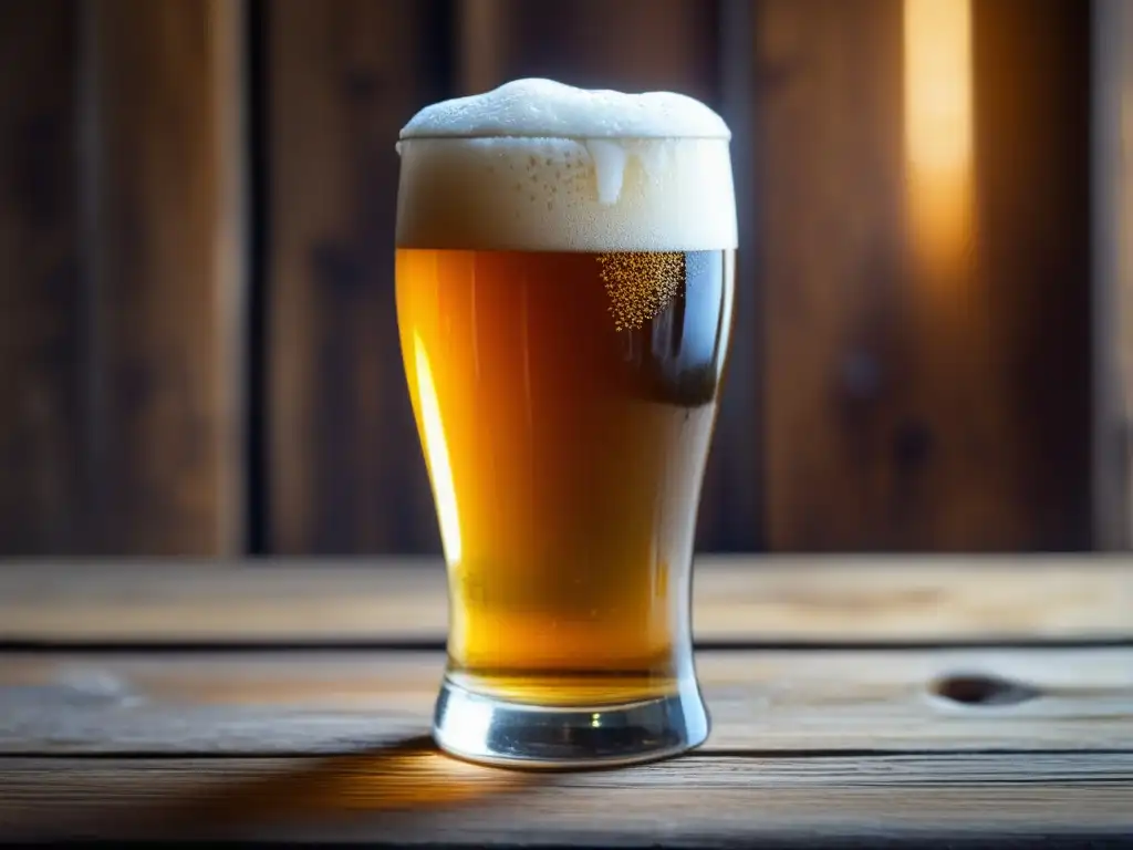 Cerveza dorada y efervescente con una espuma cremosa, refleja la luz en un vaso sobre una mesa de madera rústica