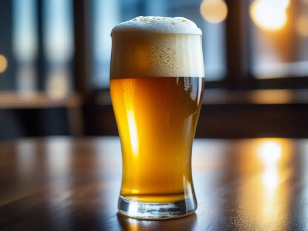 Ritual del vaso: cerveza dorada con espuma abundante y textura carbonatada, en un vaso sobre mesa de madera