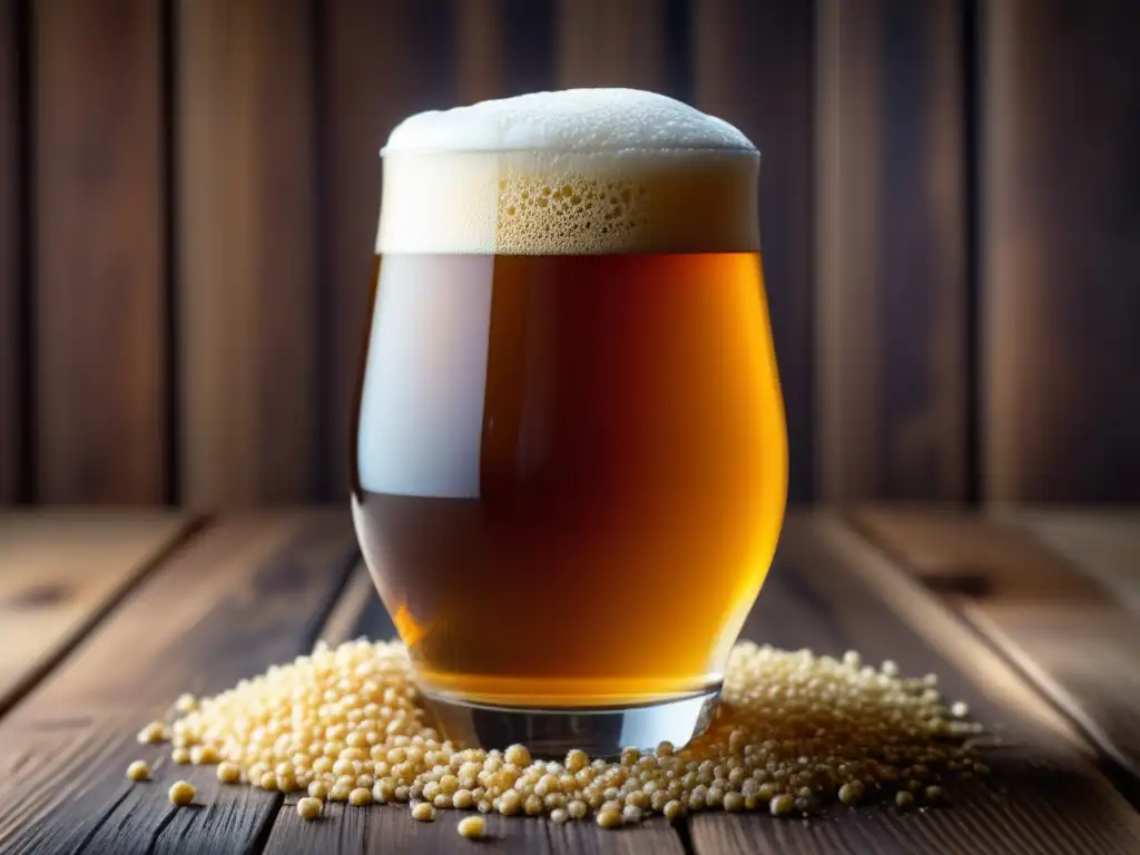 Maestros del Homebrewing: Cerveza dorada con espuma, granos de malta y equipo de elaboración en una mesa de madera rústica