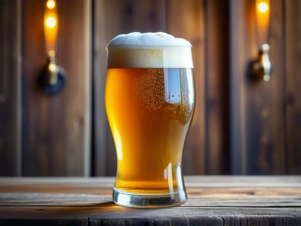 Cervezas de Beneficio: Cerveza dorada con espuma abundante, servida en un vaso de cristal sobre una mesa de madera rústica, rodeada de lúpulo y cebada