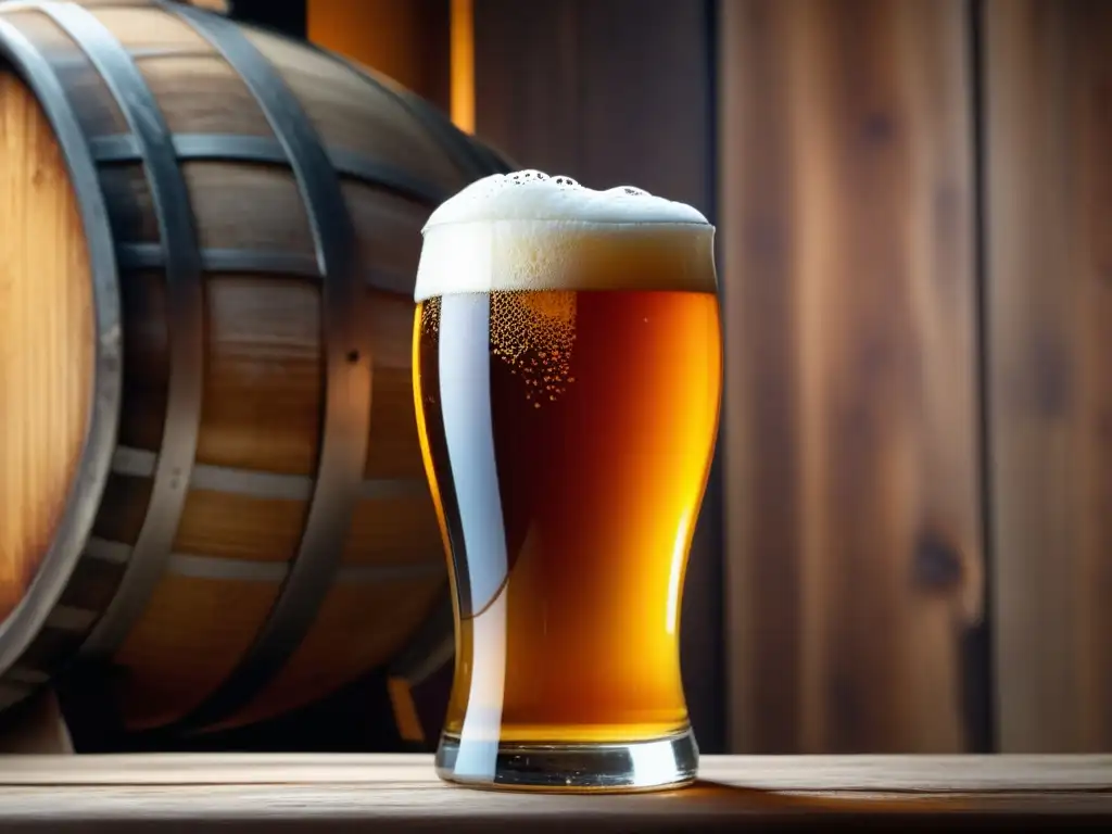 Cerveza dorada con espuma cremosa Cerveza: Color ámbar, espuma cremosa, burbujas y barril, glosario cervecero