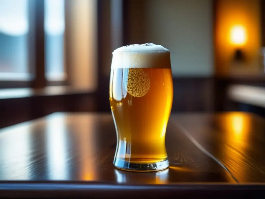 Copa de cerveza dorada y espumosa en una mesa de madera, iluminada por luz natural