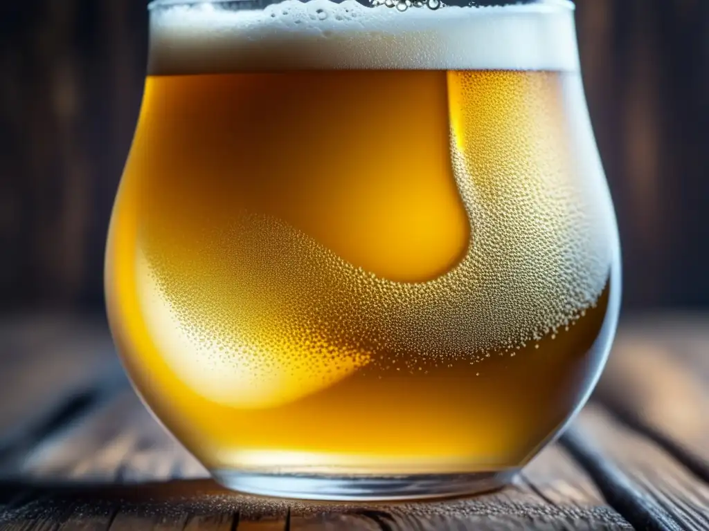 Sabiduría Cervecera: Detalle en alta resolución de una cerveza dorada y espumosa en vaso sobre mesa de madera rústica