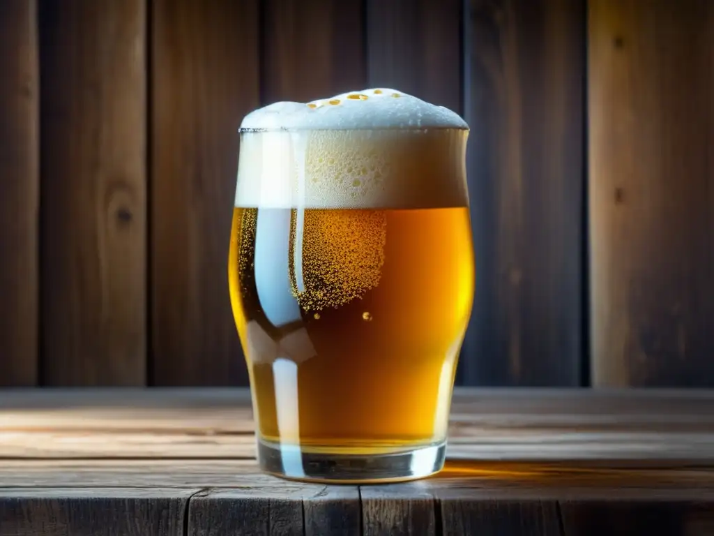 Cerveza dorada con espuma cremosa y burbujas, en mesa de madera rústica - Consejos de expertos