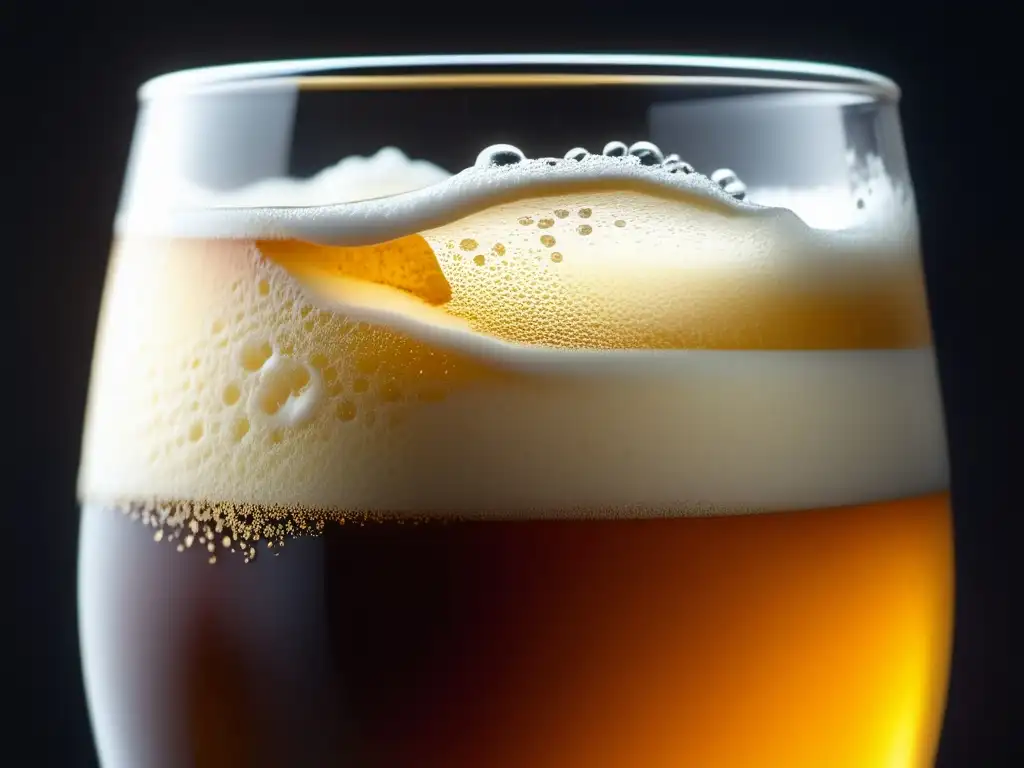 Cerveza ámbar con espuma cremosa y burbujas, desafiando estilos