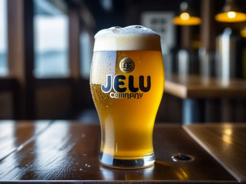 Cerveza dorada y espumosa de Jeju Beer Company en una copa de vidrio en una mesa de madera rústica