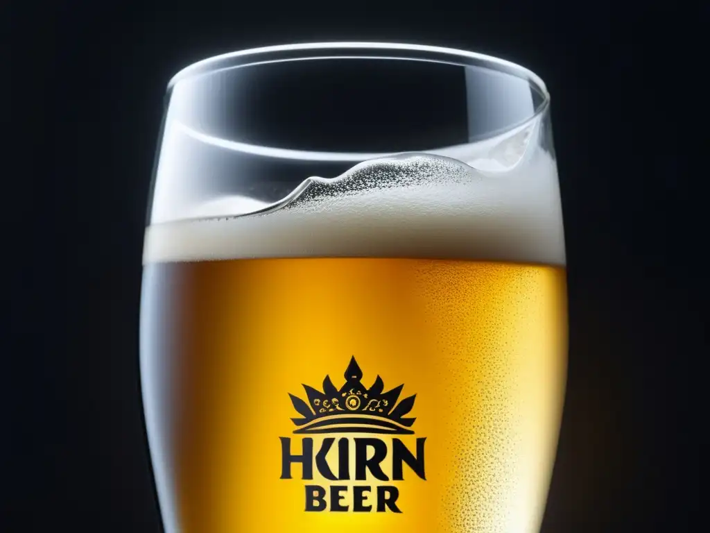 Vaso de cristal lleno de cerveza Kirin Ichiban dorada, burbujeante y pura, sobre superficie negra mate