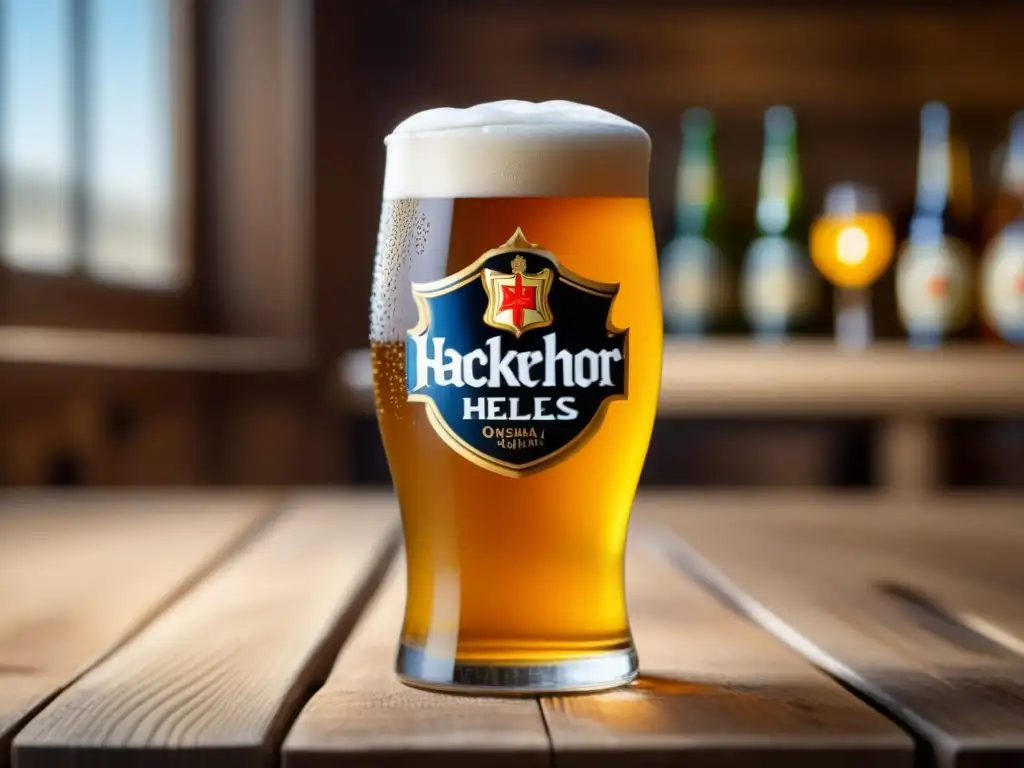 Cerveza HackerPschorr Helles Original en vaso de cristal sobre mesa de madera