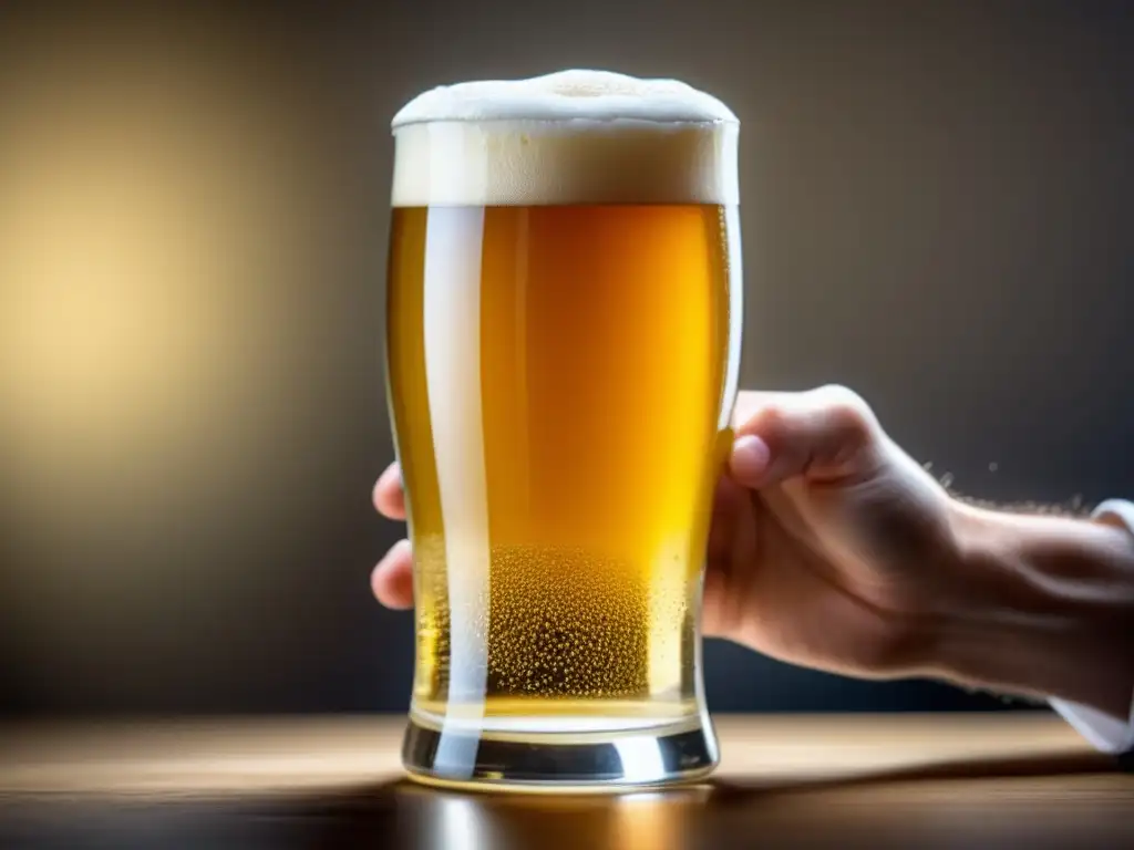 Cervezas de entrada: Vaso de cerveza dorada con espuma perfecta y elegante