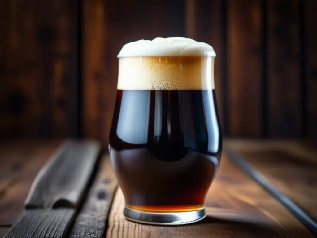 Cerveza Dunkel en vaso de vidrio ámbar oscuro con espuma cremosa y burbujas carbonatadas