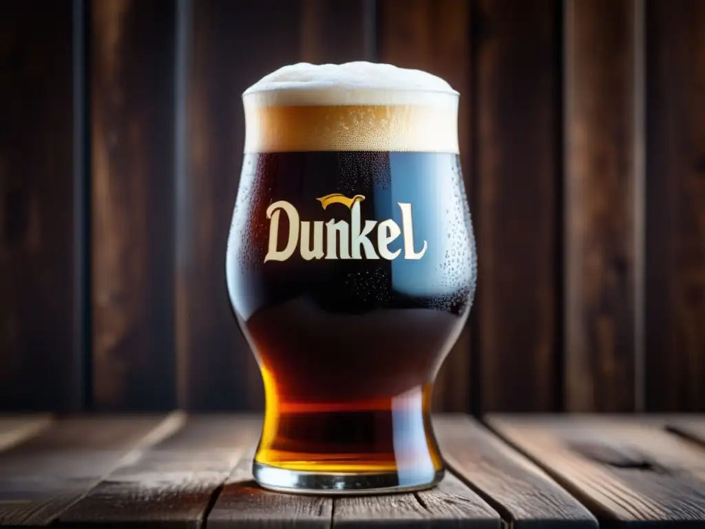 Cerveza Dunkel: vistoso vaso de cristal con espuma y color oscuro