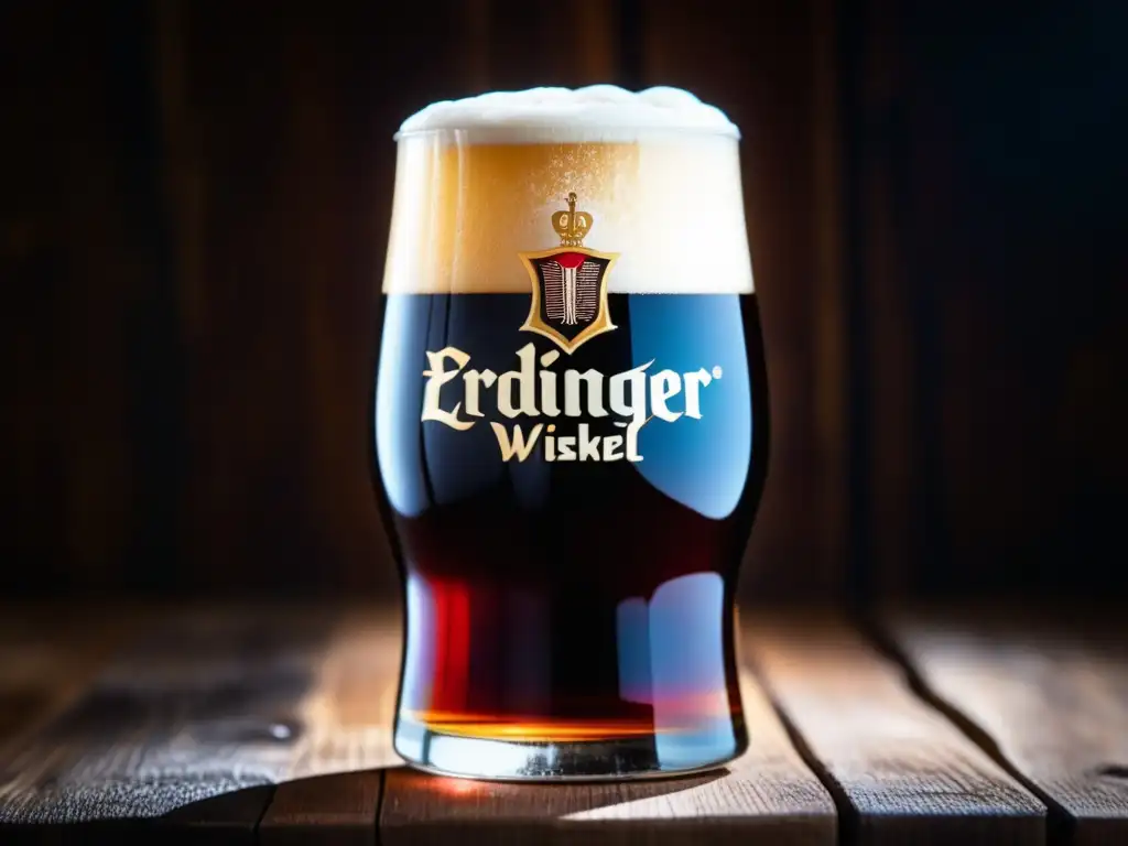 Cerveza Erdinger Weissbier Dunkel, cerveza oscura con espuma cremosa en vaso sobre mesa de madera