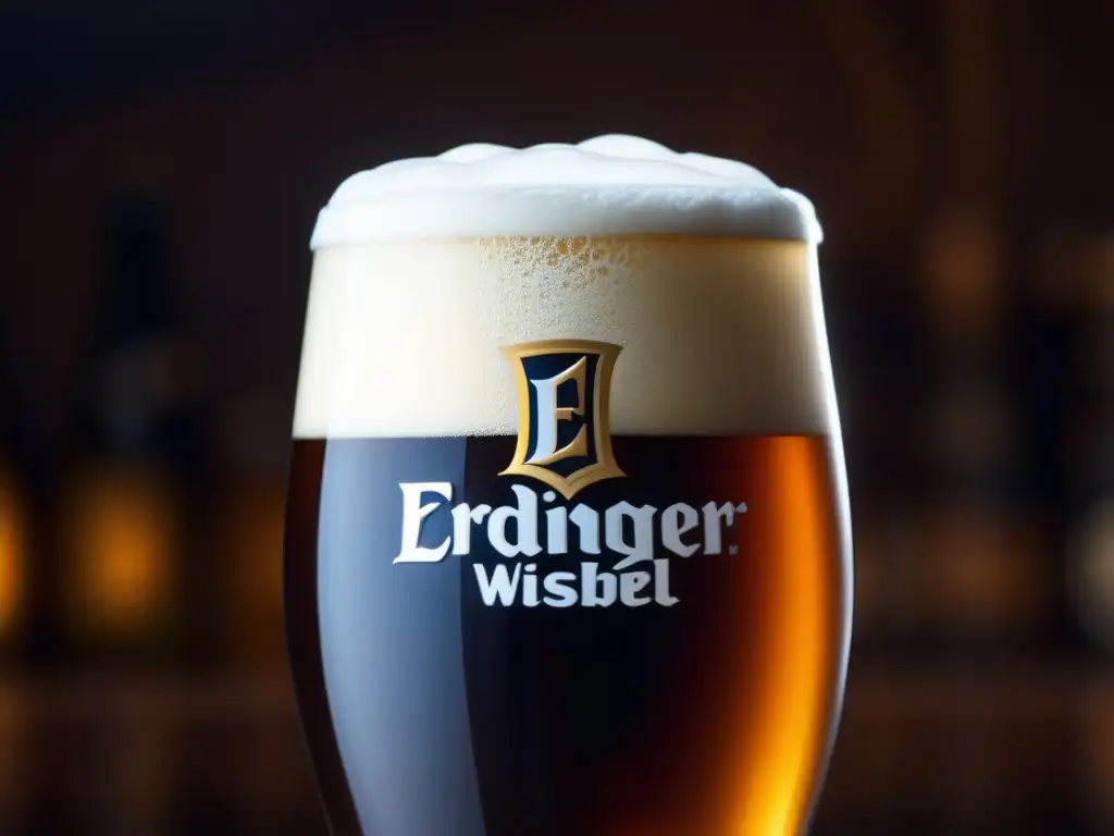 Un vaso de Erdinger Weissbier Dunkel, con color oscuro, espuma cremosa y burbujas ascendentes