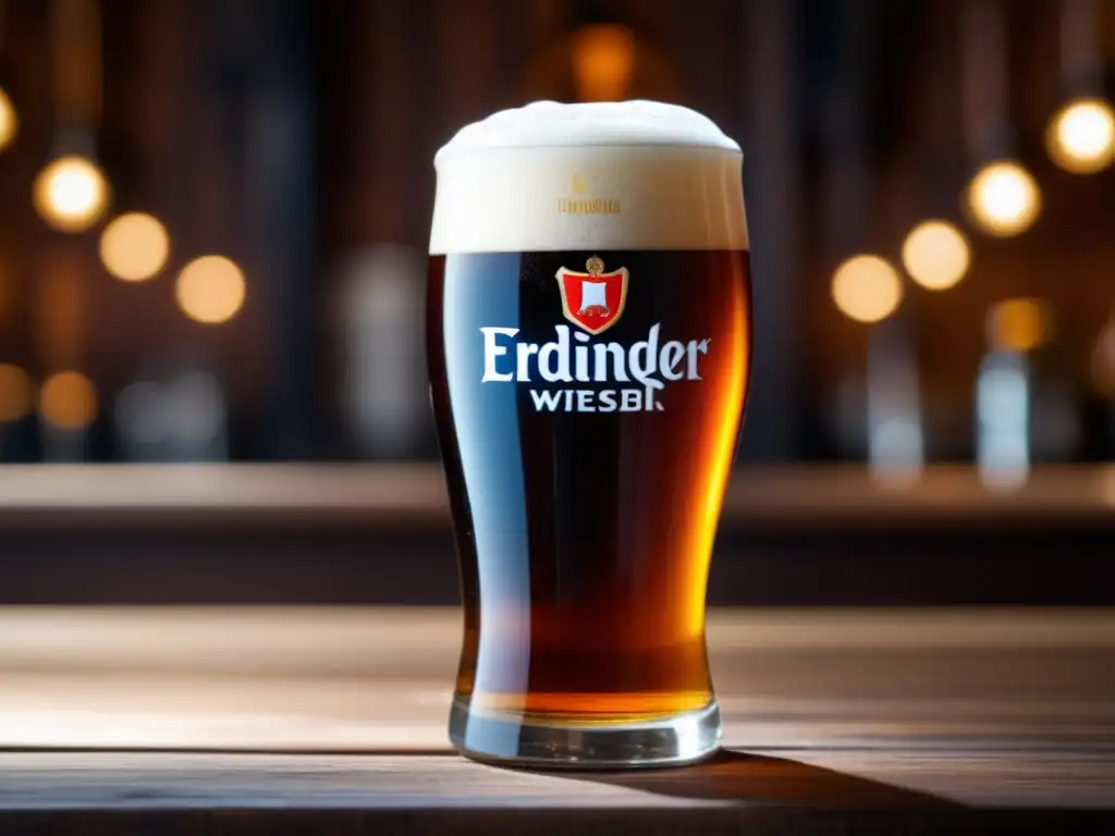 Cerveza Erdinger Dunkelweizen en vaso de vidrio con espuma y condensación