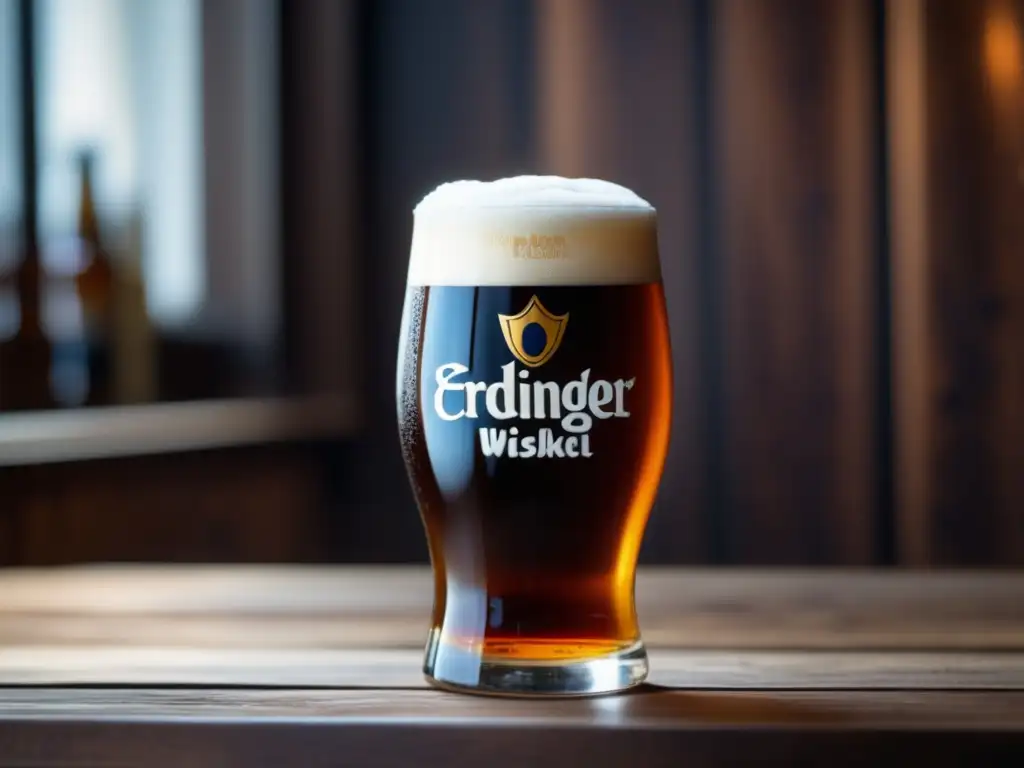 Imagen en alta resolución de una cerveza Erdinger Weissbier Dunkel en una mesa de madera, con color marrón oscuro y espuma cremosa - Dunkelweizen