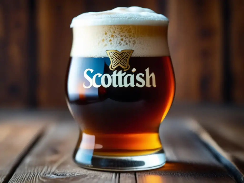 Cerveza Scottish Ale en vaso de vidrio: detalle del rico color ámbar y espuma burbujeante