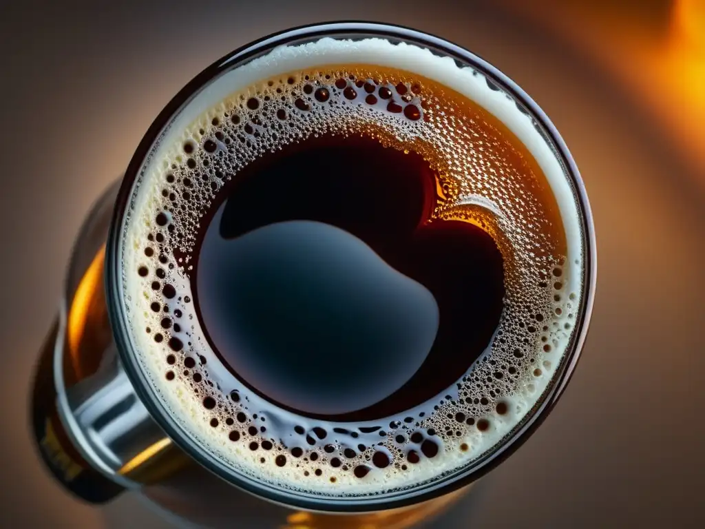 Vaso de cerveza escocesa oscura con espuma cremosa y condensación, detalle y textura