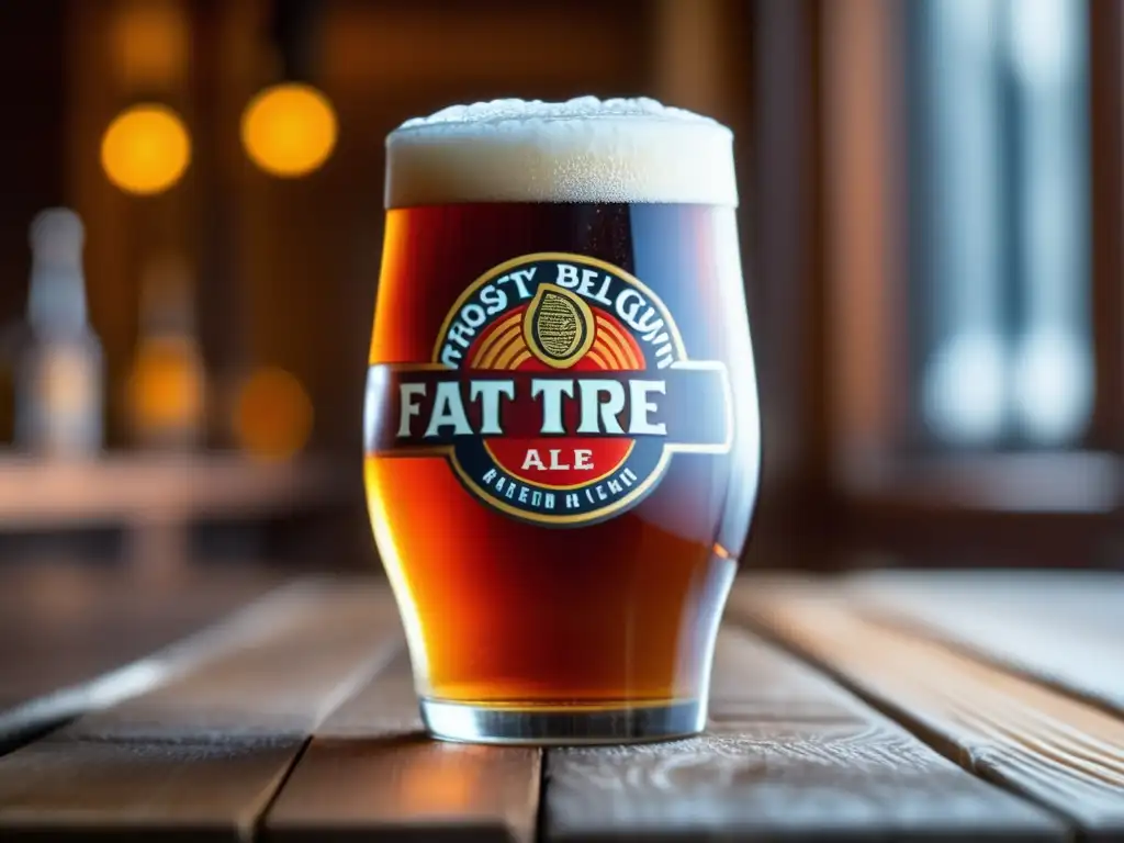 Cerveza Fat Tire Amber Ale de New Belgium en vaso helado, con burbujas y espuma cremosa