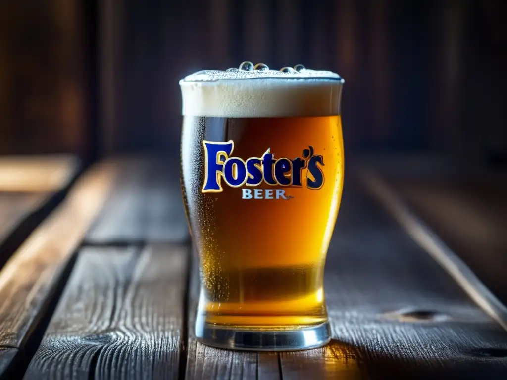 Cerveza Foster's: Chilled, dorada y espumosa en superficie de madera