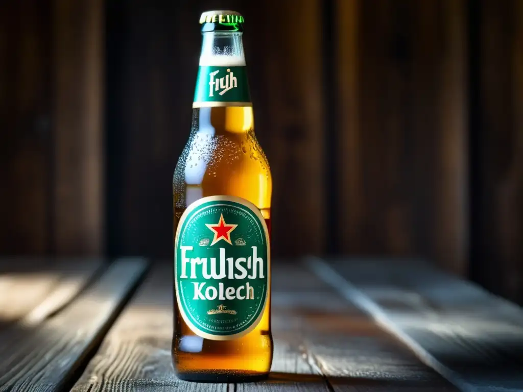 Botella de cerveza Früh Kölsch helada en mesa de madera rústica