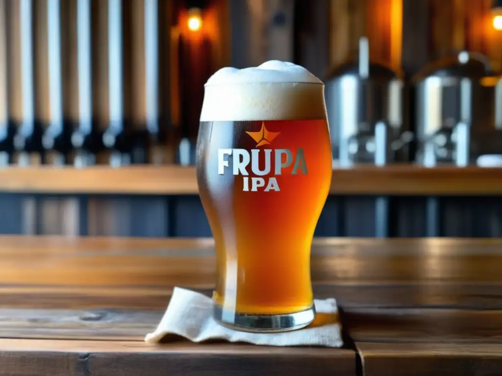 Cerveza Fruited IPA dorada con espuma blanca y rodajas de pomelo, en una mesa de madera rústica