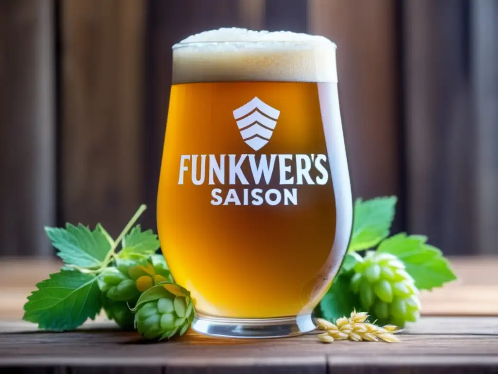 Detallada imagen de una cerveza Funkwerks Saison en vaso, rodeada de lúpulos verdes y cebada dorada