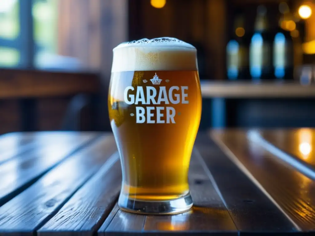 Cerveza artesanal de Garage Beer Co en vaso de cristal, con detalles de espuma y condensación