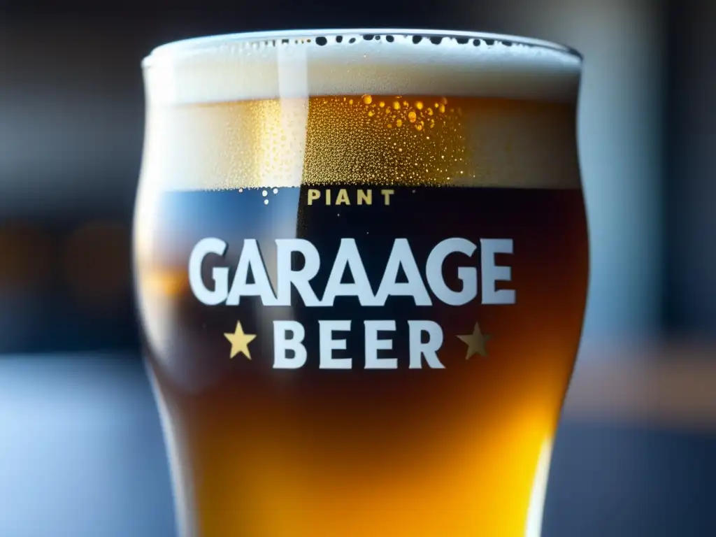 Cerveza Garage Beer Co, dorada y espumosa, con detalles intrincados y condensación en el vaso