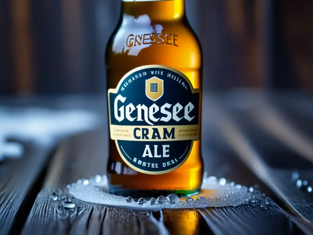 Botella de Genesee Cream Ale con hielo y condensación en superficie de madera