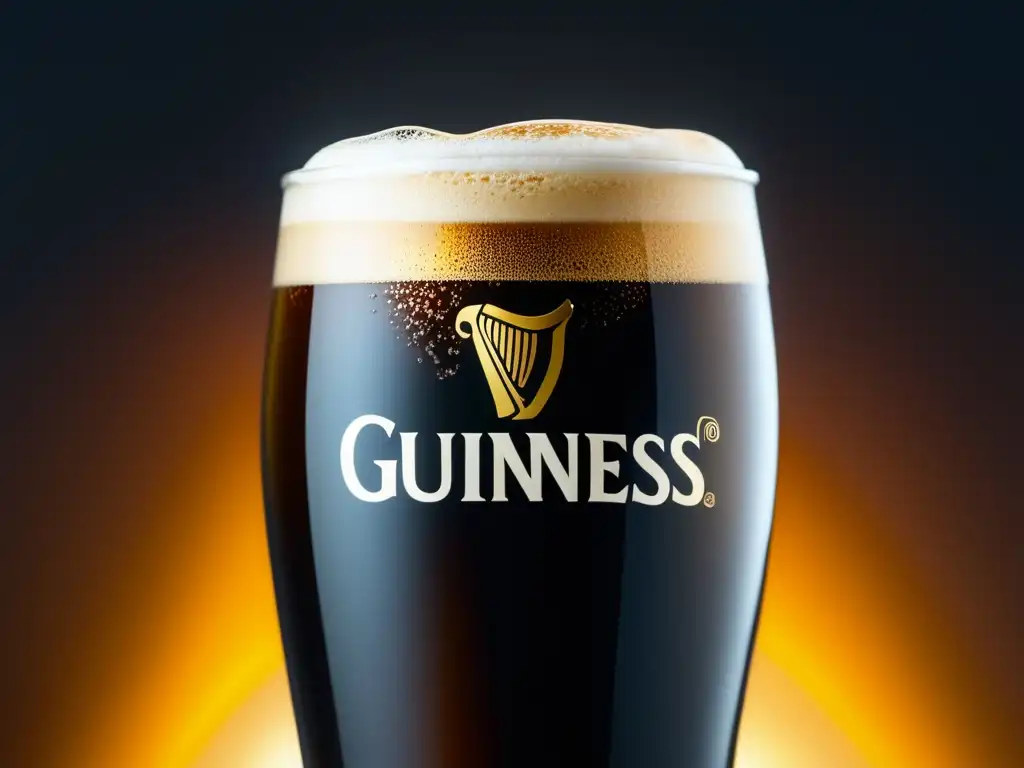 Imagen impresionante de cerveza Guinness servida en un vaso, resaltando su color ámbar y la cultura cervecera de Irlanda