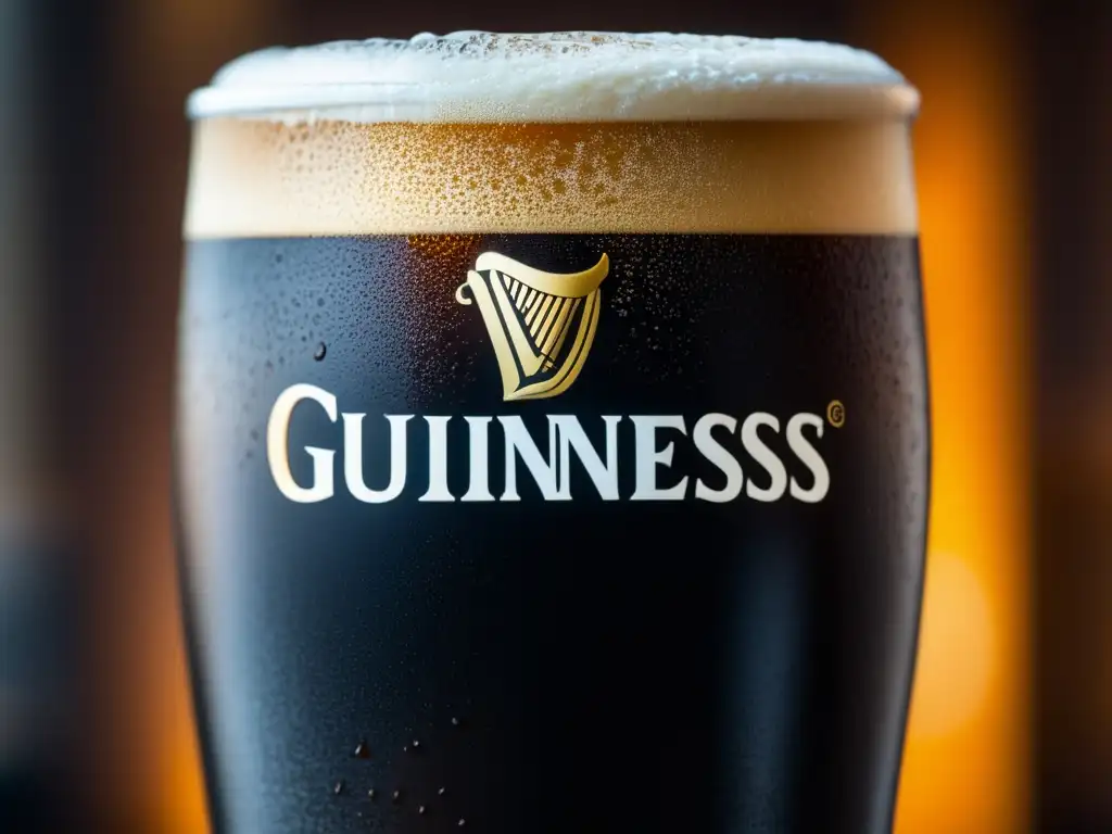 Pint of Guinness con espuma cremosa, detalles texturizados y ambiente de pub - Viajes a Irlanda