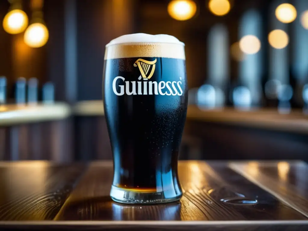 Detalle de una cerveza Guinness, con su color oscuro y espuma cremosa