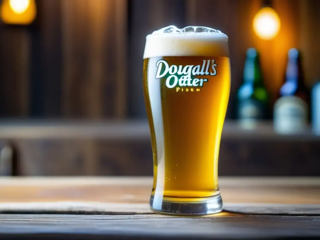 Una cerveza Pilsner Dougall's Happy Otter en un vaso de vidrio transparente en una mesa de madera rústica